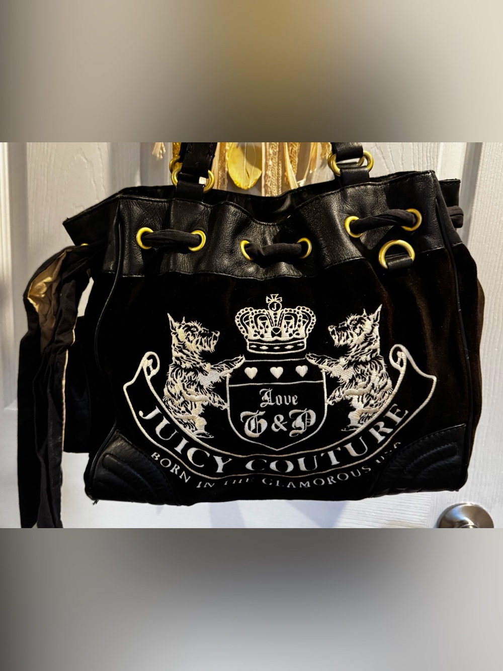 Juicy Couture Black Velvet & Leather Tote Bag - Embroidered Crest